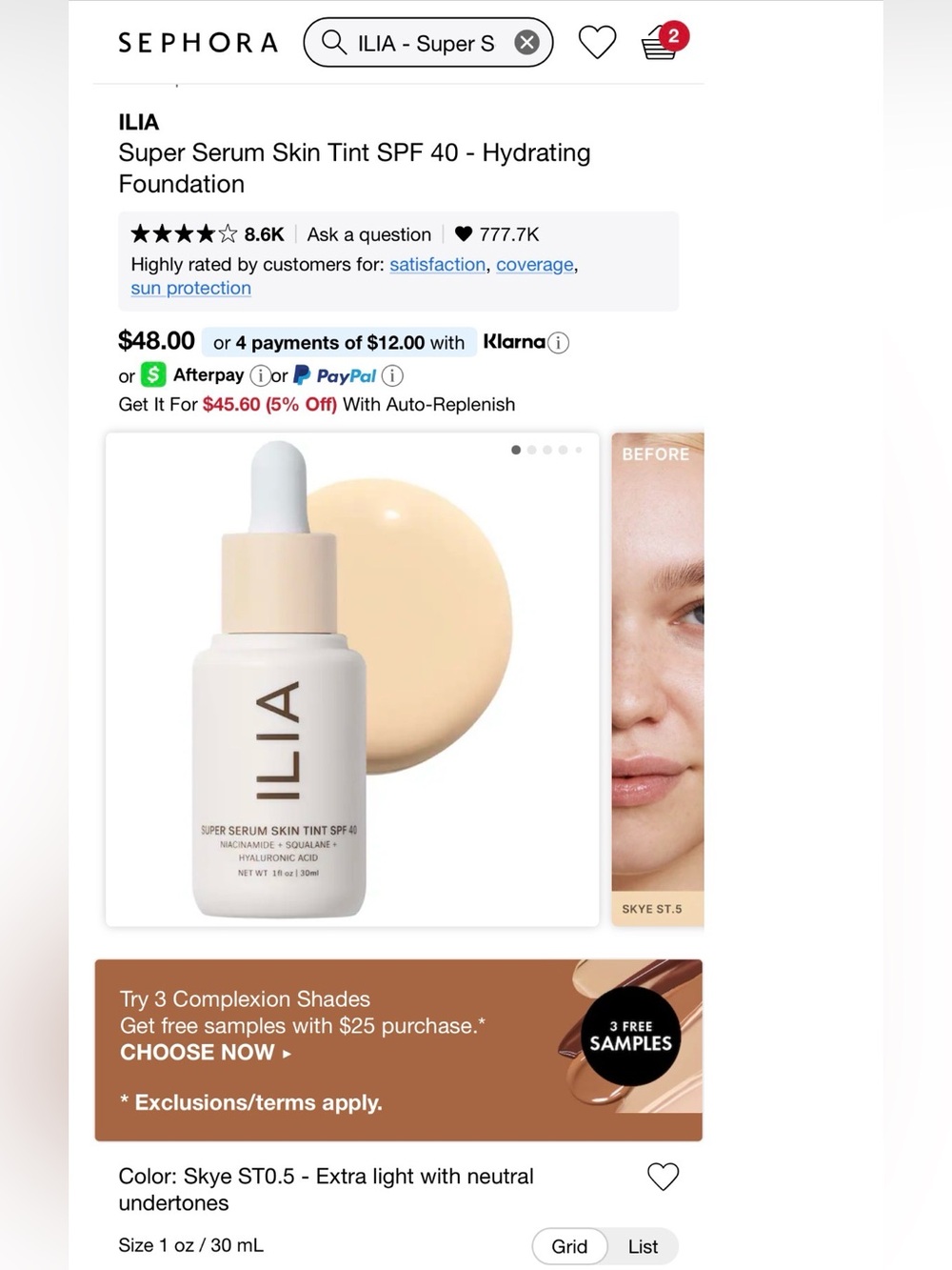 ILIA Super Serum Skin Tint SPF 40 - Light Beige (Skye ST5)